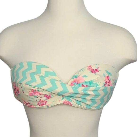 Juicy Couture Other - Juicy Couture Bandeau Bikini Strapless Top Pink Floral Blue Chevron Women Medium